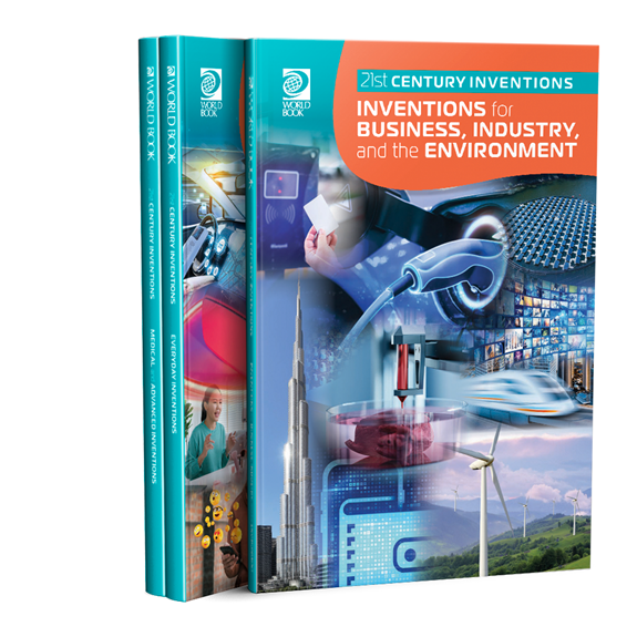 Book titled '21st Century Inventions: Inventions for Business, Industry, and the Environment' with a colorful cover featuring images of technology and industry.