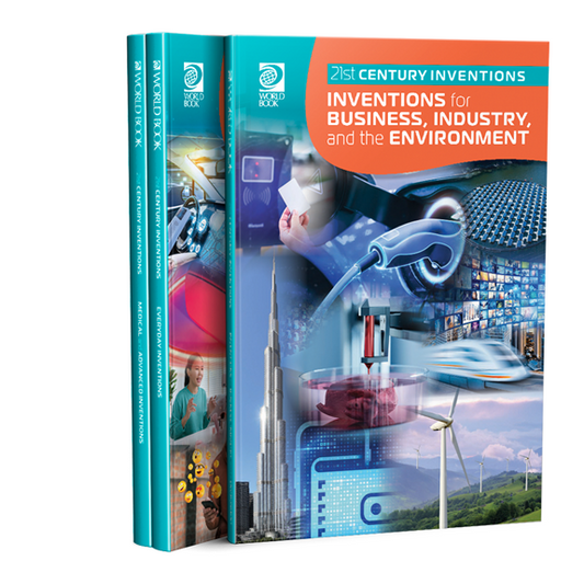 Book titled '21st Century Inventions: Inventions for Business, Industry, and the Environment' with a colorful cover featuring images of technology and industry.