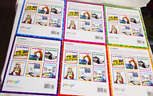 Sheet of educational cards with various images and 'jump!' branding on a tiled floor.