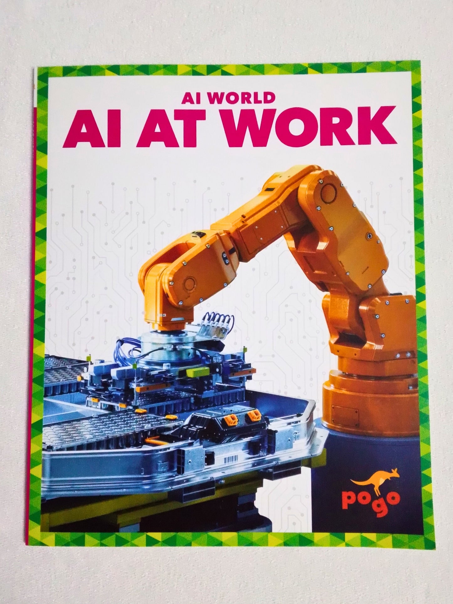 Poster with a robot arm and text 'AI World AI at Work' on a white background