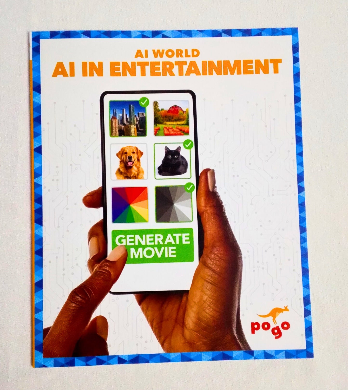 Book Cover titled AI in Entertainment with a hand holding a smartphone displaying images and a 'Generate Movie' button.