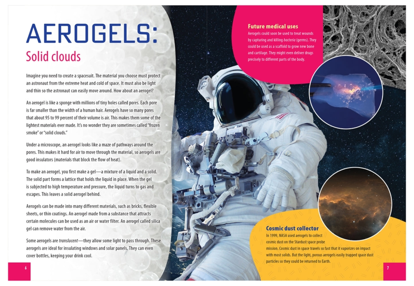 Page from a book or magazine about aerogels with an astronaut and space-themed graphics.