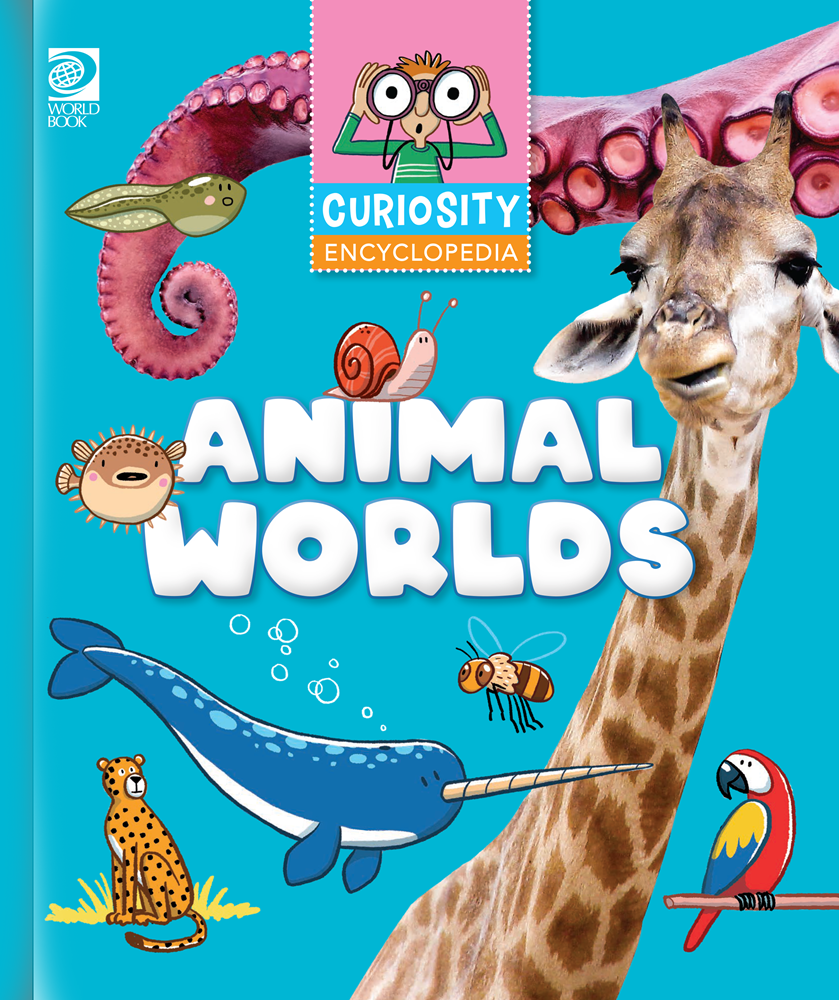 Book cover of 'Animal Worlds' from the Curiosity Encyclopedia series with animals and a giraffe on a blue background.