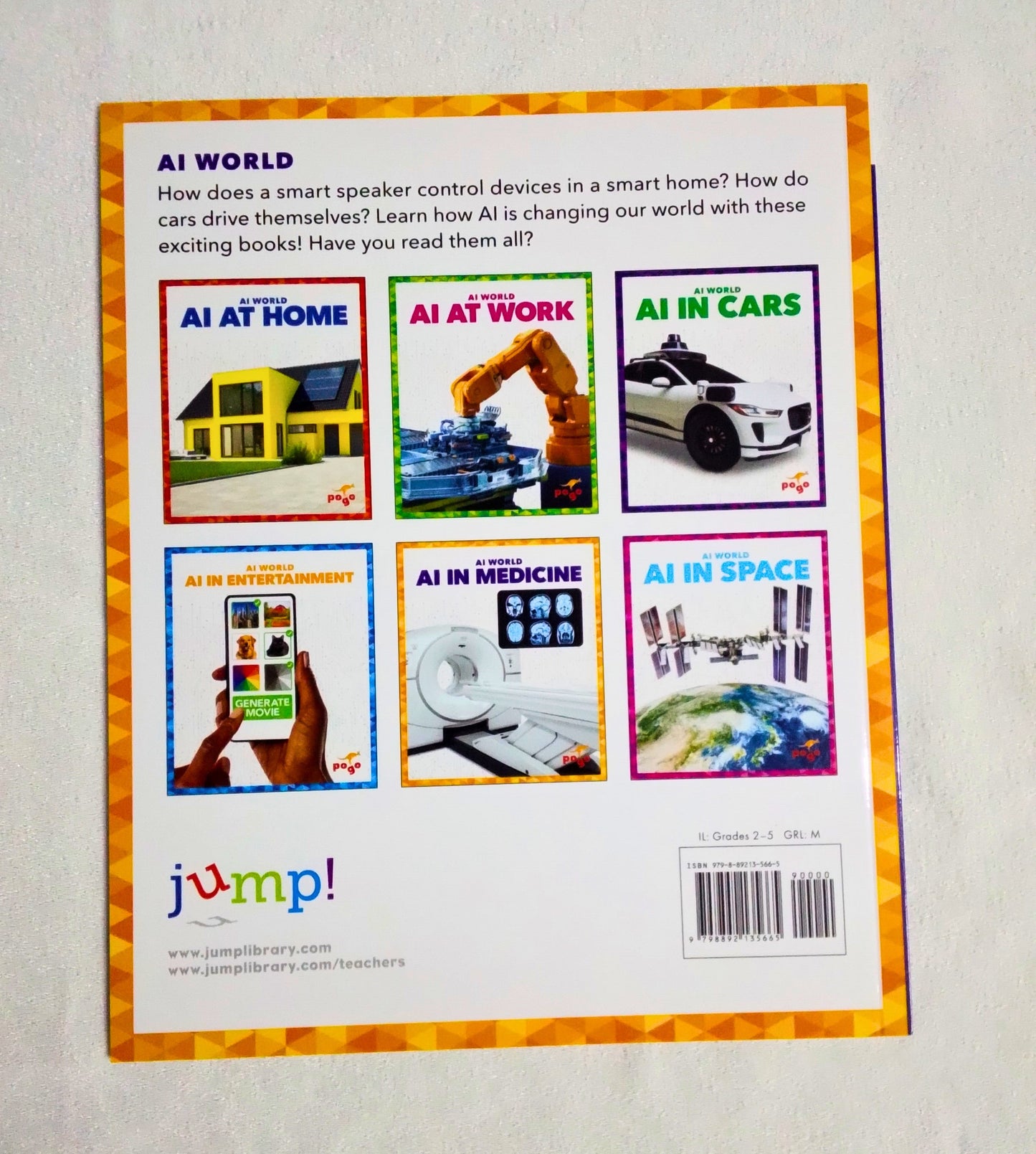 Back covers of books with colorful illustrations and text on a light gray background