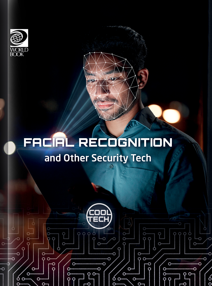 Book cover of 'Facial Recognition and Other Security Tech' with a person's face being scanned.