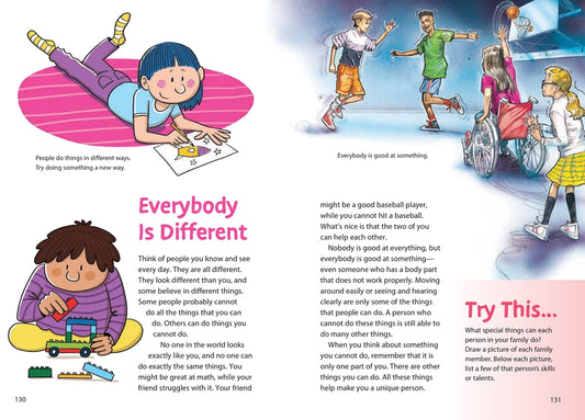 Illustrated book page with children playing and text about diversity and individuality.