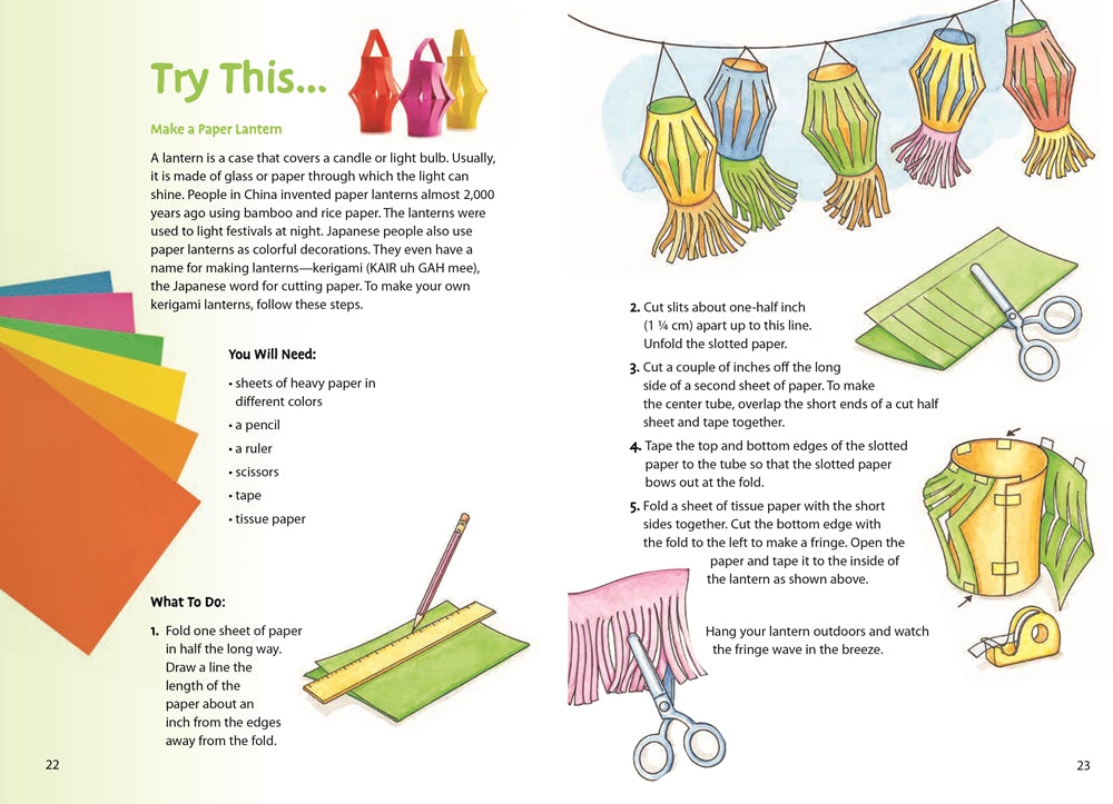 Instructions for making paper lanterns with illustrations and text on a book page.