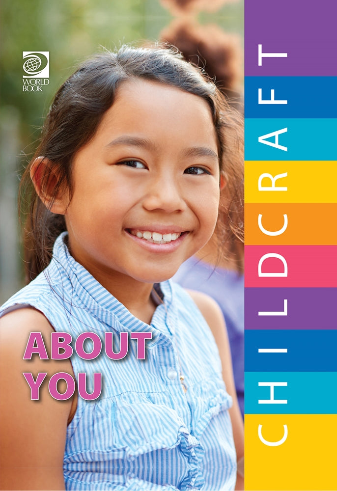 Book cover with a young girl smiling and 'Childcraft About You' text on a colorful background