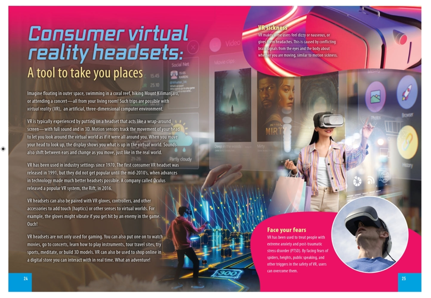 Magazine or book page about consumer virtual reality headsets with text and images.