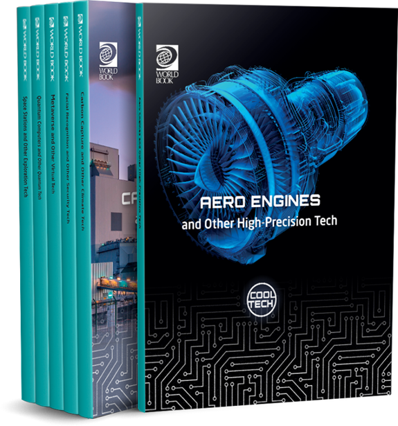 Stack of books titled 'Aero Engines and Other High-Precision Tech' with a blue engine illustration on the cover.