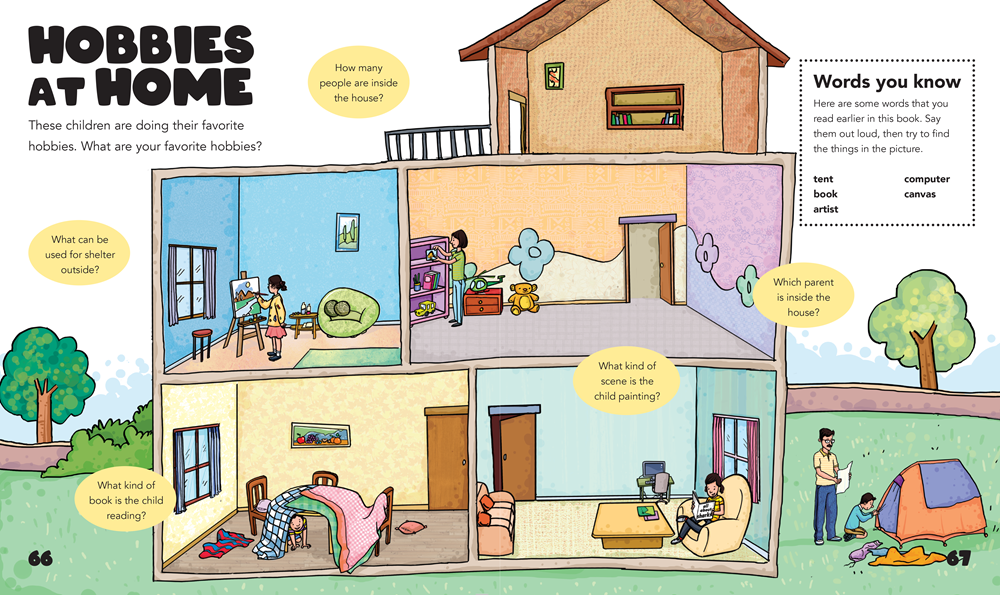 Illustration of a house with different rooms and activities, likely from an educational book about hobbies at home.