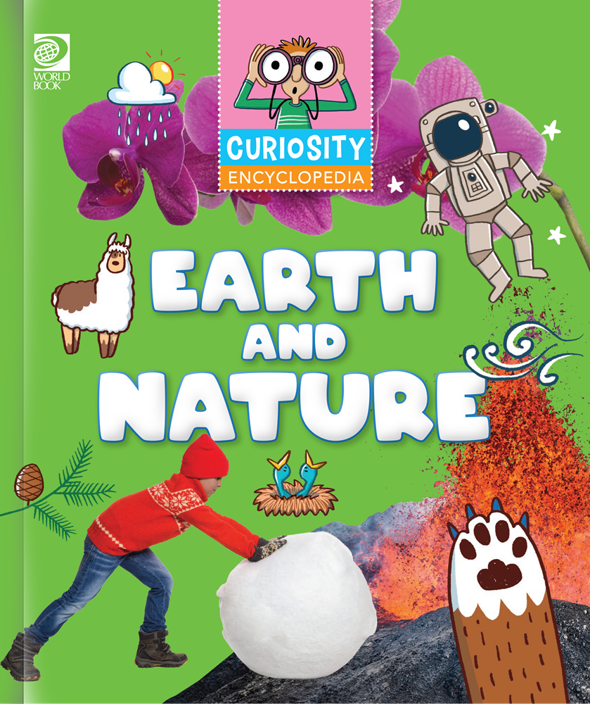 Book cover of 'Curiosity Encyclopedia: Earth and Nature' with colorful illustrations on a green background.