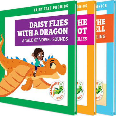 Three children's books on a white background, featuring colorful covers with illustrations of a dragon and other characters.