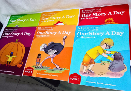 Five books titled 'One Story A Day' for beginners on a surface.