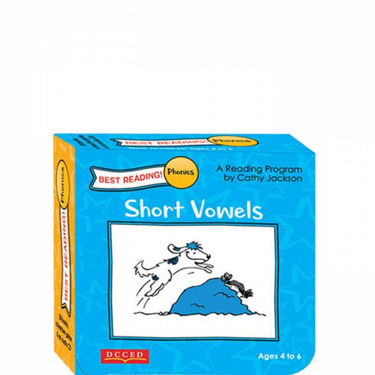 Book box for 'Short Vowels' reading program by Cathy Jackson on a white background