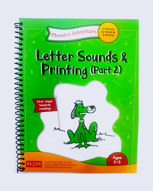 Book titled 'Letter Sounds & Printing (Part 2)' with a green cover and cartoon character on a white background