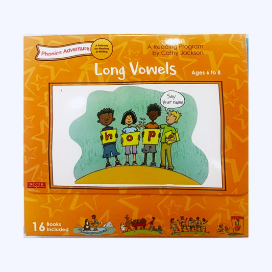 Educational book set for long vowels with children holding letters on an orange background