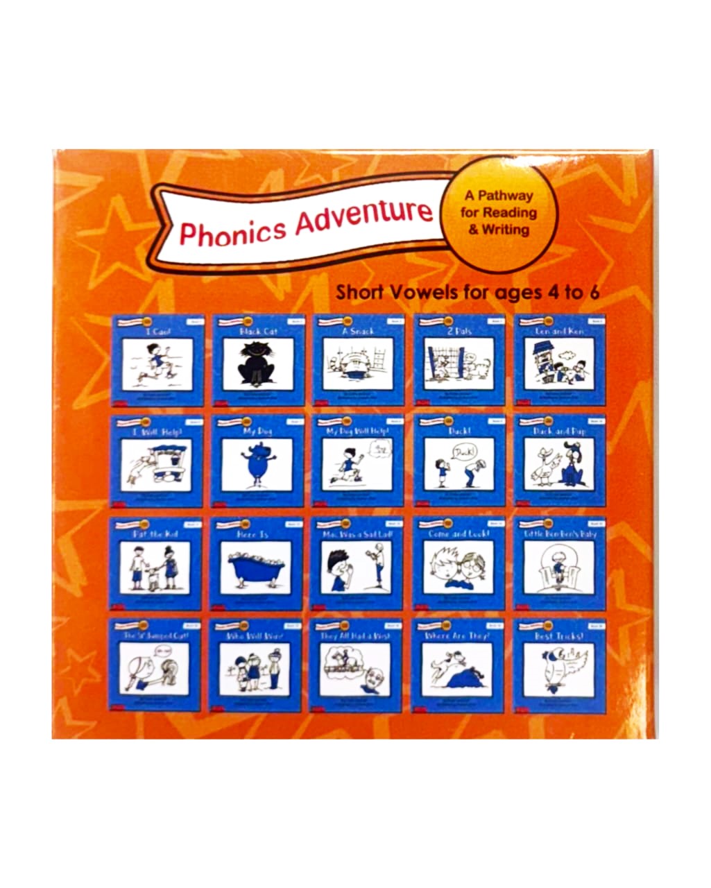 Educational product for phonics learning with illustrations on an orange background