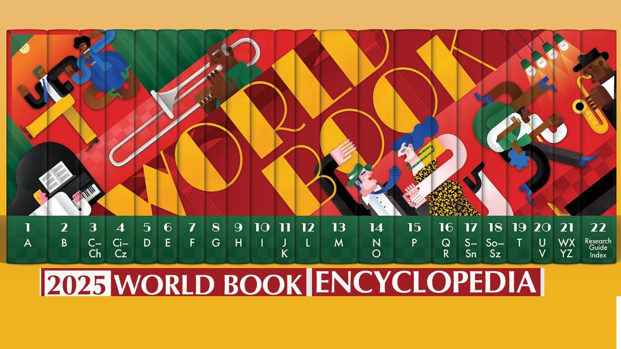 2023 World Book Encyclopedia cover with colorful illustration of people and instruments on a yellow background