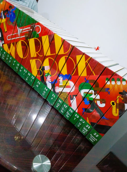 Stack of World Book encyclopedias on a glass surface with a white background