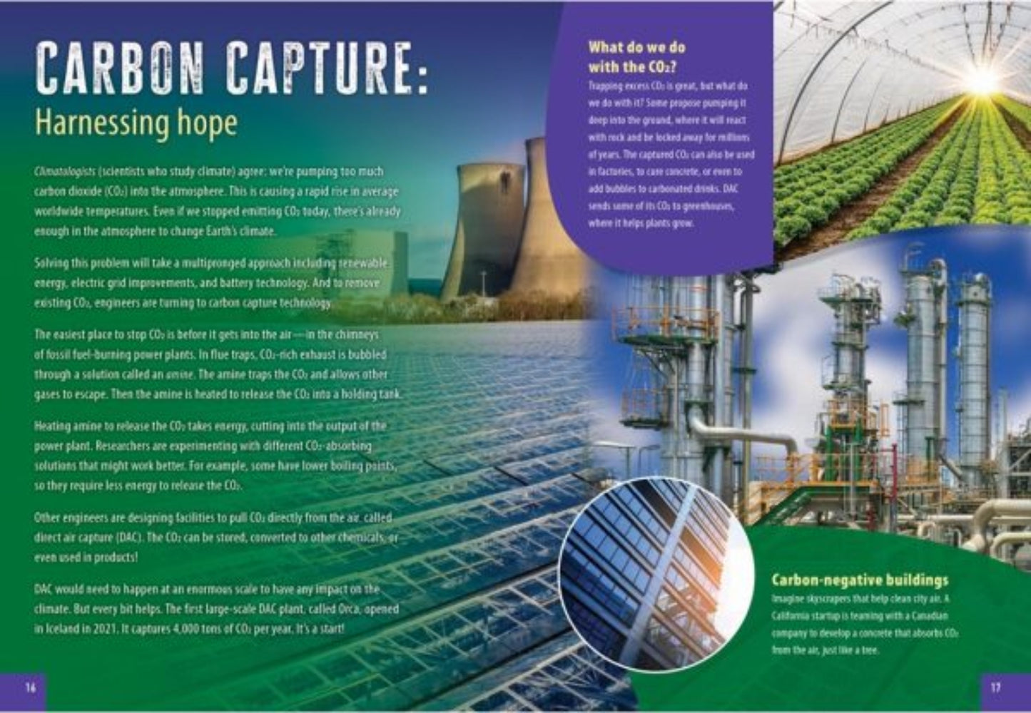Brochure page on carbon capture technology with text and images of a power plant and greenhouses.