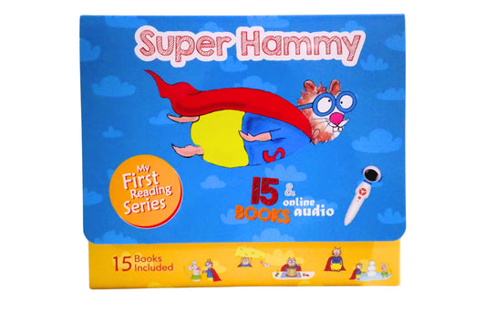 Super Hammy book series packaging with colorful design and text on a blue background