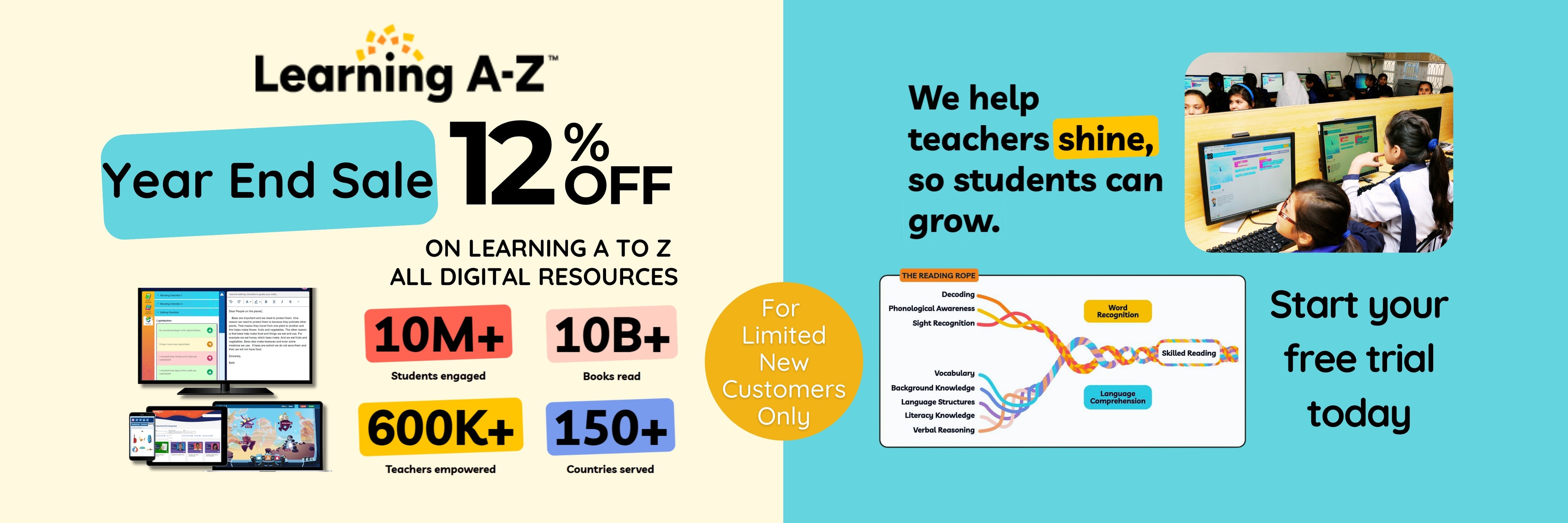 Promotional banner for Learning A-Z with Year End Sale offer and educational resources.