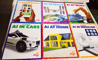 Set of educational posters about AI in various fields on a table.