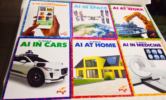 Set of educational posters about AI in various fields on a table.