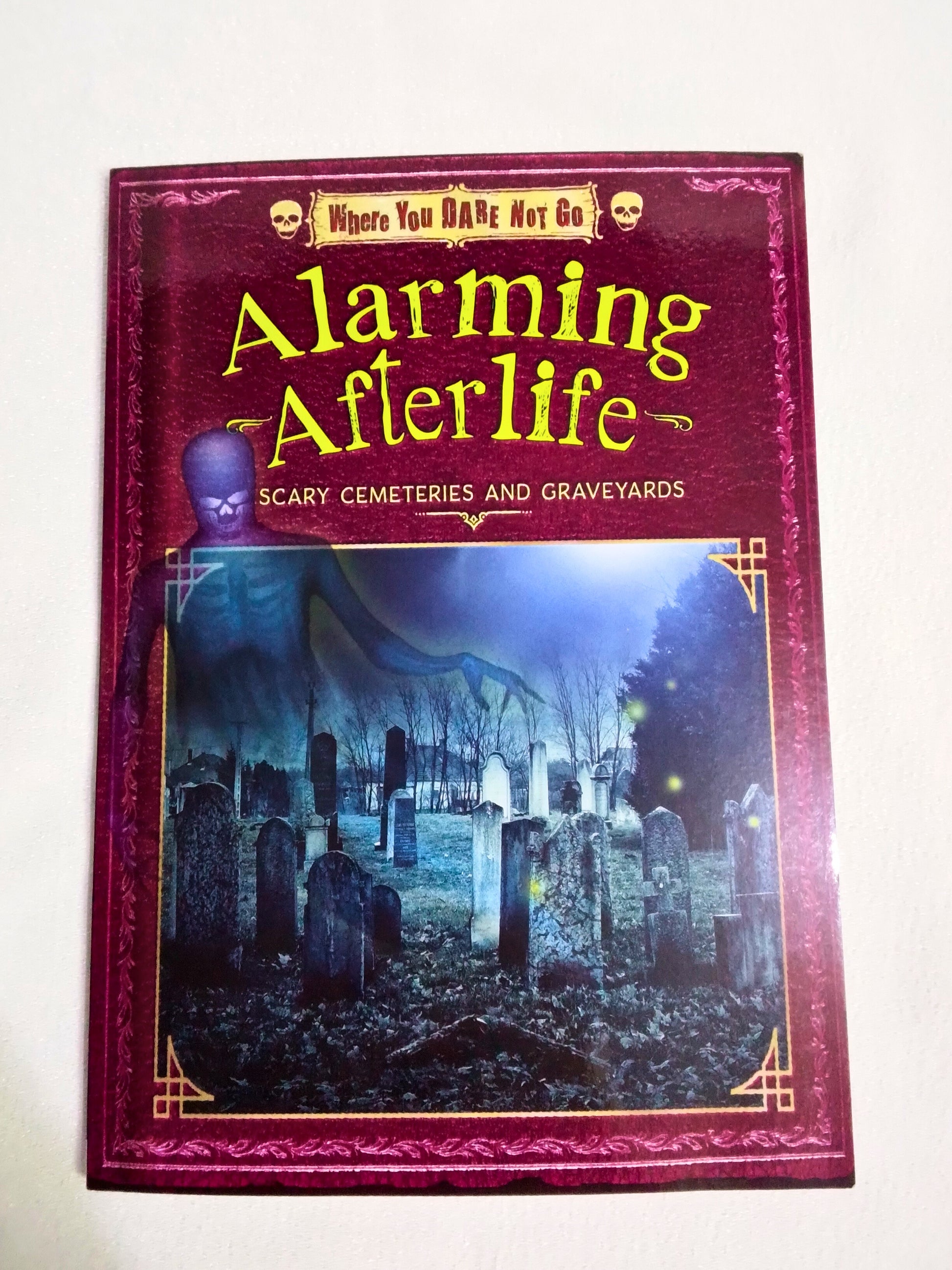Book titled 'Alarming Afterlife: Scary Cemeteries and Graveyards' on a white background