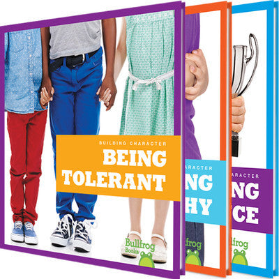 Book cover of 'Being Tolerant' with children holding hands and a fork, featuring the Bullfrog Press logo.