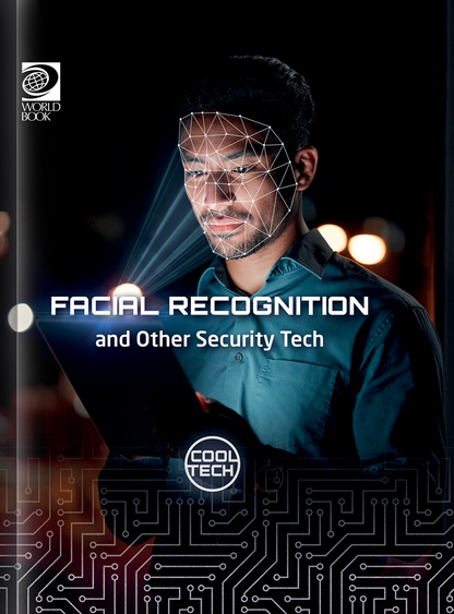 Book cover of 'Facial Recognition and Other Security Tech' with a person's face being scanned.