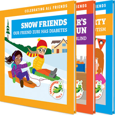 Children's books titled 'Snow Friends' and 'Our Friend Zuri Has Diabetes' on a white background.