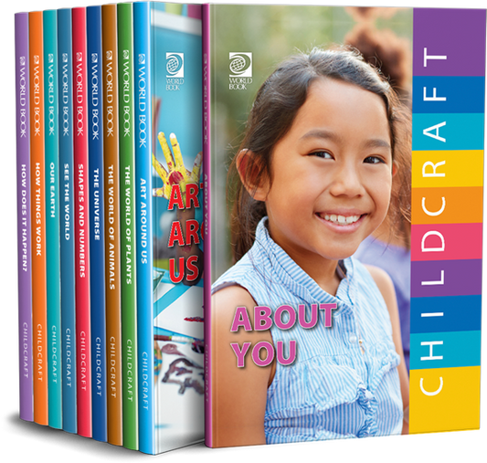 Collection of Childcraft books with a focus on one book titled 'About You' featuring a smiling girl.