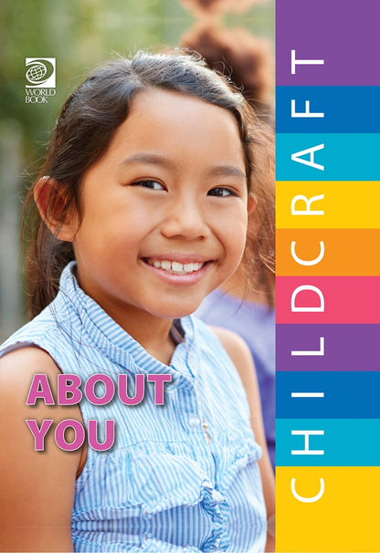 Book cover with a young girl smiling and 'Childcraft About You' text on a colorful background