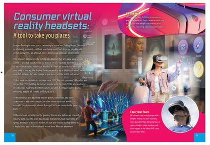 Magazine or book page about consumer virtual reality headsets with text and images.