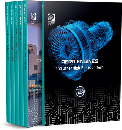 Stack of books titled 'Aero Engines and Other High-Precision Tech' with a blue engine illustration on the cover.