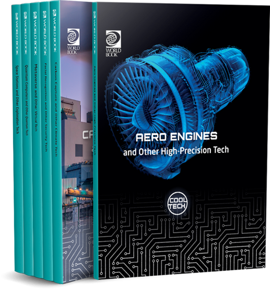 Stack of books titled 'Aero Engines and Other High-Precision Tech' with a blue engine illustration on the cover.