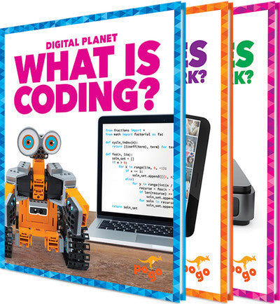 Book titled 'What is Coding?' with a robot and laptop on the cover, featuring the Digital Planet branding.