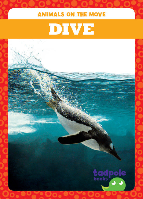 Penguin diving into water with a colorful border and 'tadpole books' logo.