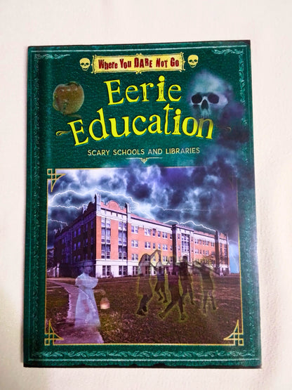 Book titled 'Eerie Education' with a green cover and spooky design on a white background