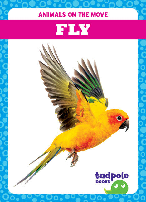 Colorful parrot illustration on a book cover with 'Animals on the Move' series title.