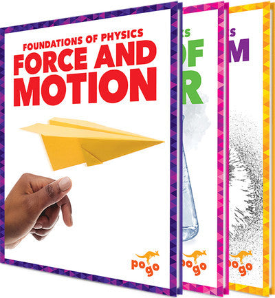 Two books titled 'Foundations of Physics: Force and Motion' with a hand holding a yellow paper airplane on a white background.