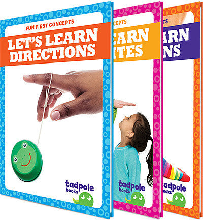 Three children's books titled 'Let's Learn Directions', 'Learn Tenses', and 'Learn Nouns' with colorful covers and tadpole books branding.