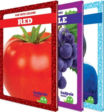 Three children's books on colors by Tadpole Books, featuring a tomato, grapes, and blue color.