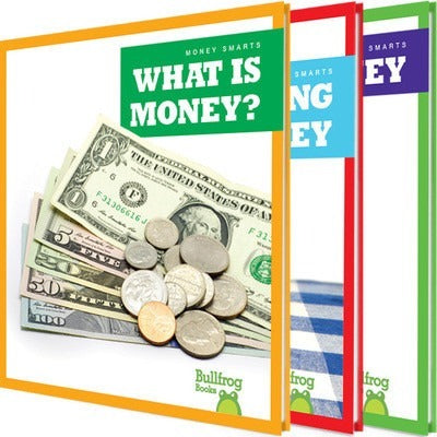 Three books titled 'What is Money?' with money-themed covers on a white background.