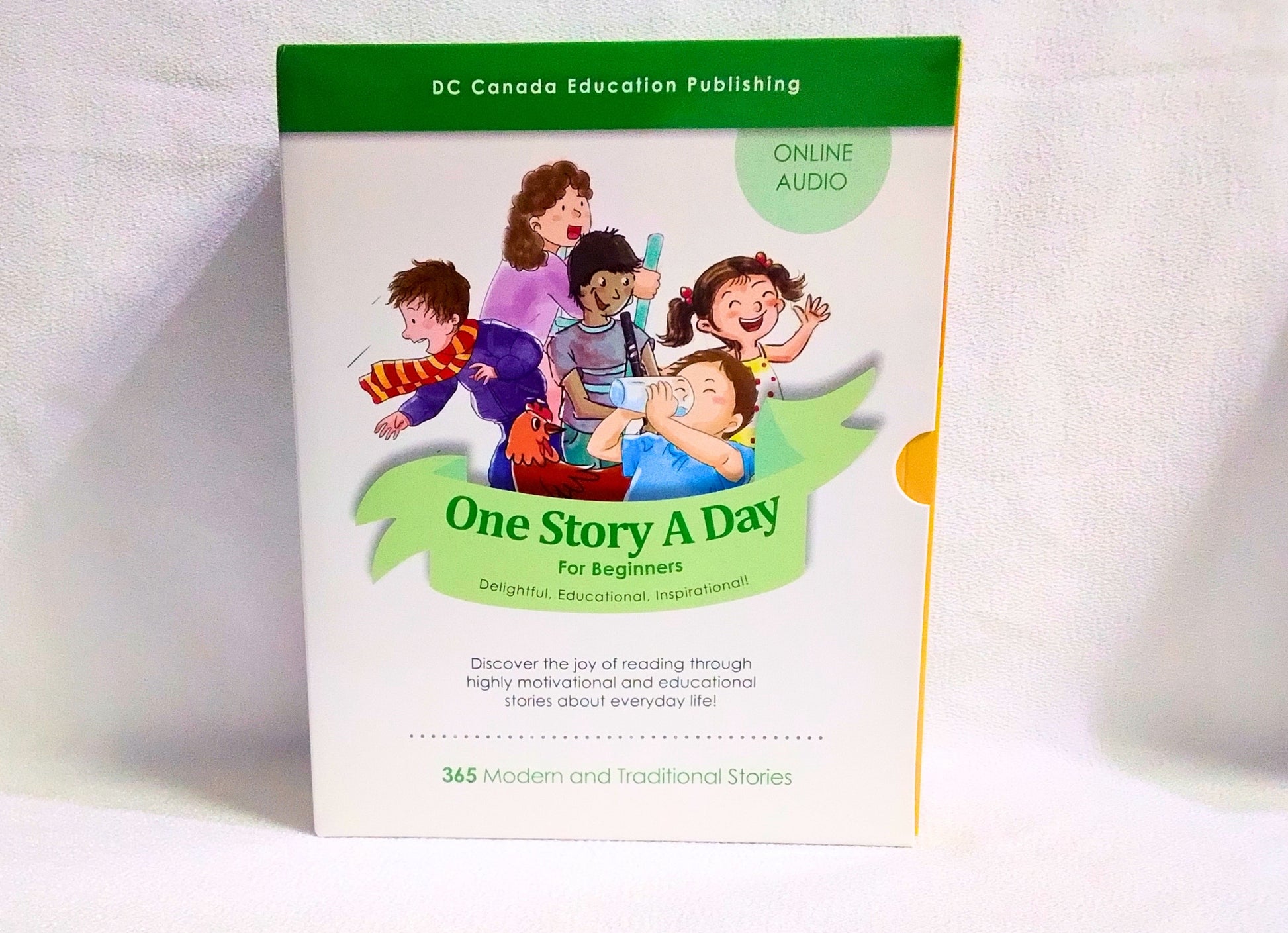 Book titled 'One Story A Day' for beginners with a cover featuring children and a teacher on a white background.