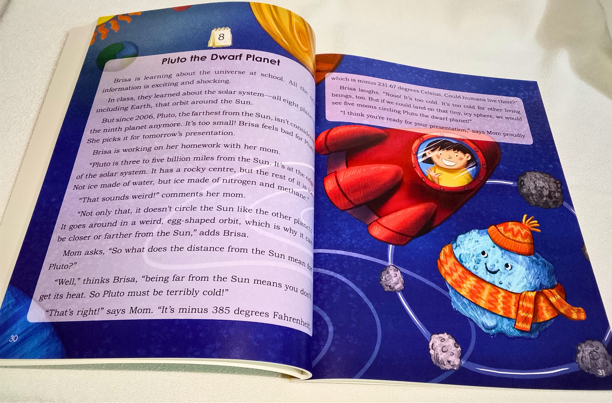 Open book with educational content about Pluto, featuring colorful illustrations on a white background.
