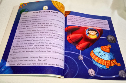 Open book with educational content about Pluto, featuring colorful illustrations on a white background.