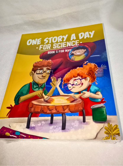 Book titled 'One Story a Day for Science' with colorful cover featuring two children and a drum on a white background.